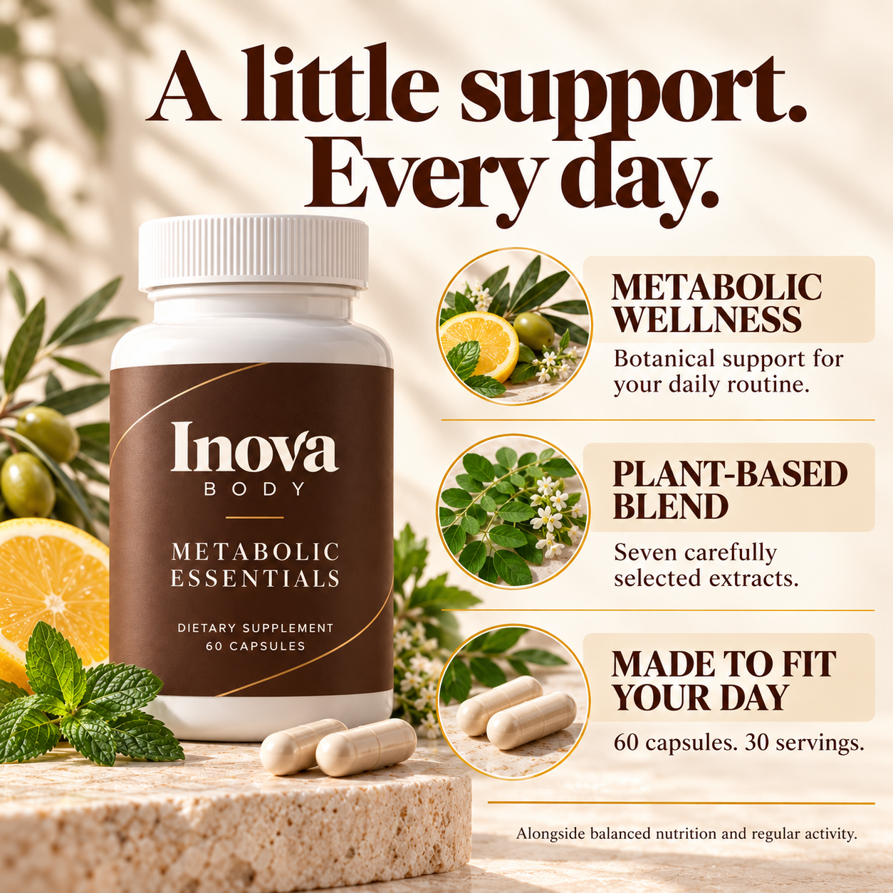 Metabolic Essentials: botanical wellness support, seven extracts, 60 capsules and 30 servings