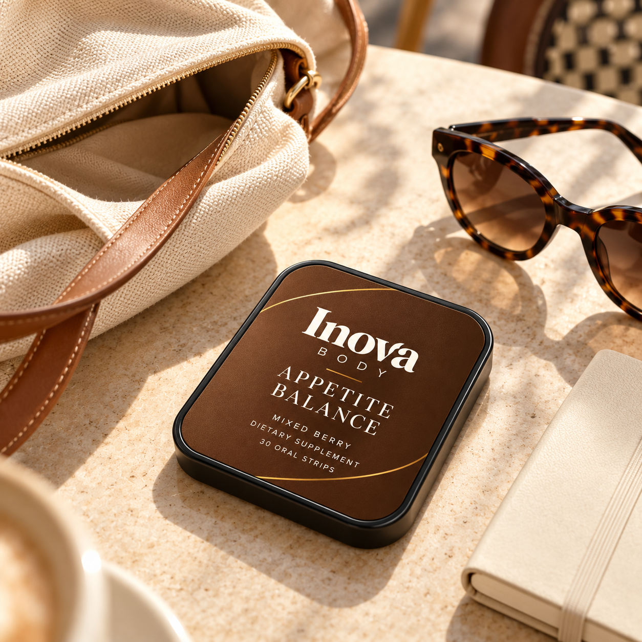 Appetite Balance tin beside a cream handbag