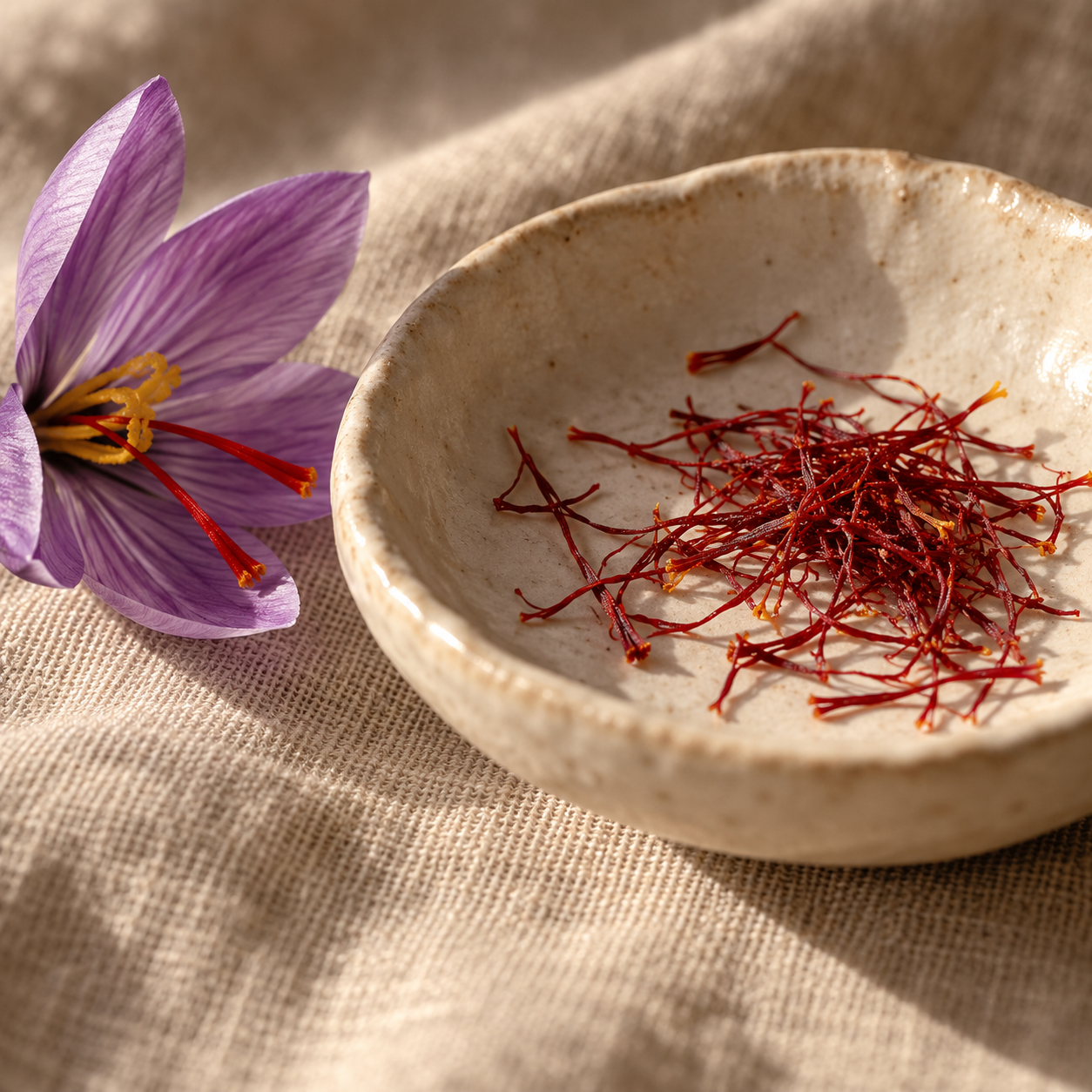 Saffron threads and a crocus flower in a natural botanical still life