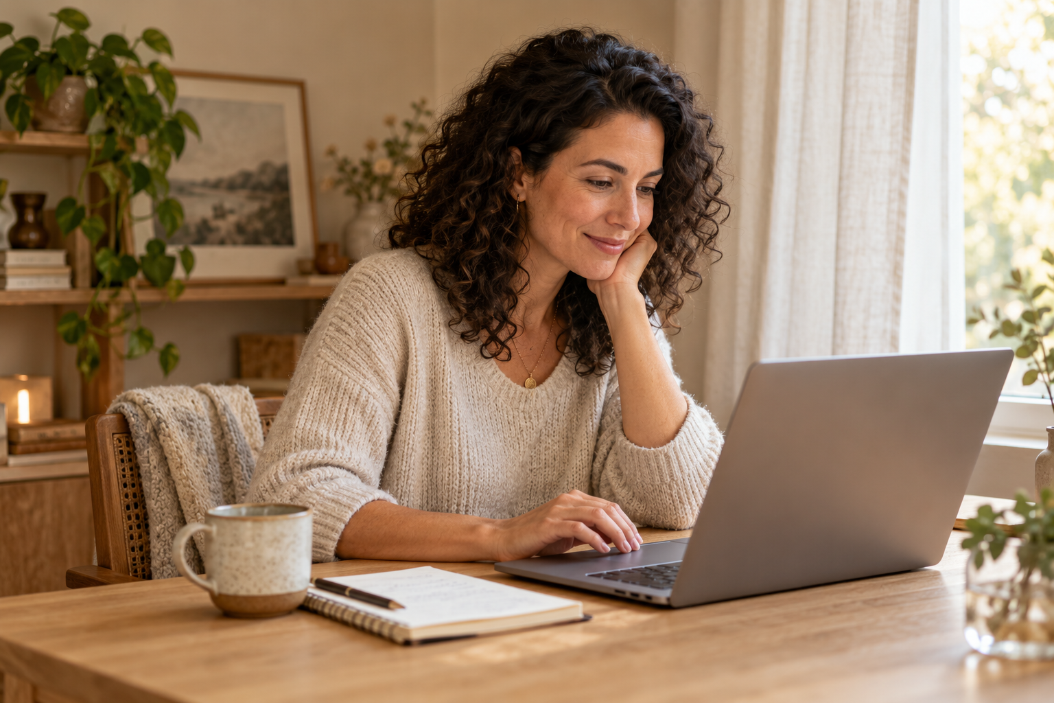 A warm, sunlit workspace with a woman reading at her laptop
