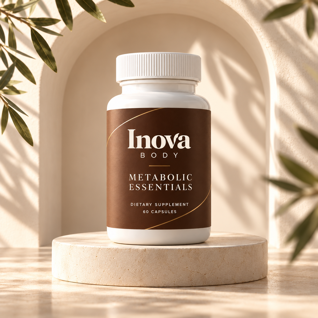 Metabolic Essentials bottle in an ivory architectural setting