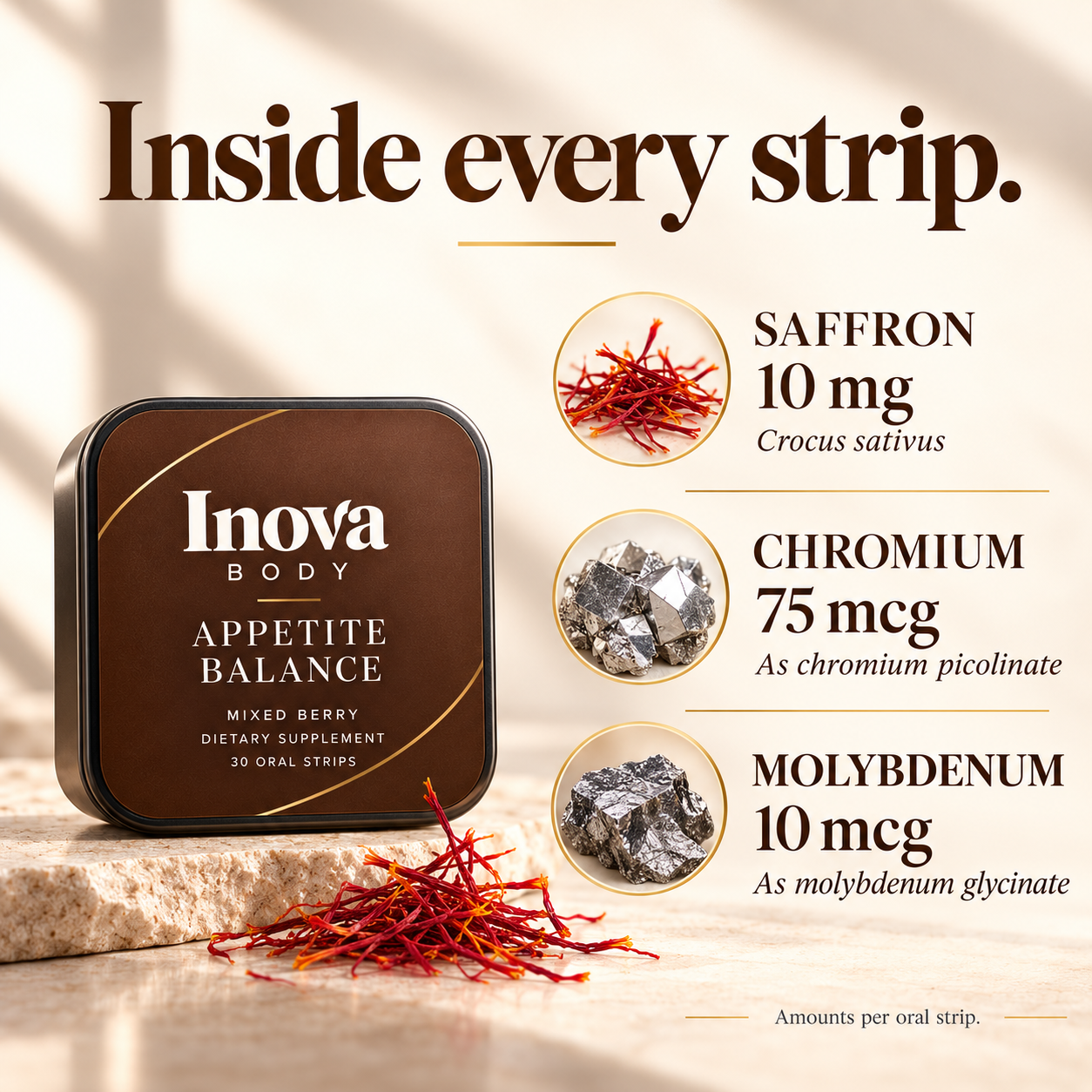 Per strip: saffron 10 mg, chromium 75 mcg, molybdenum 10 mcg