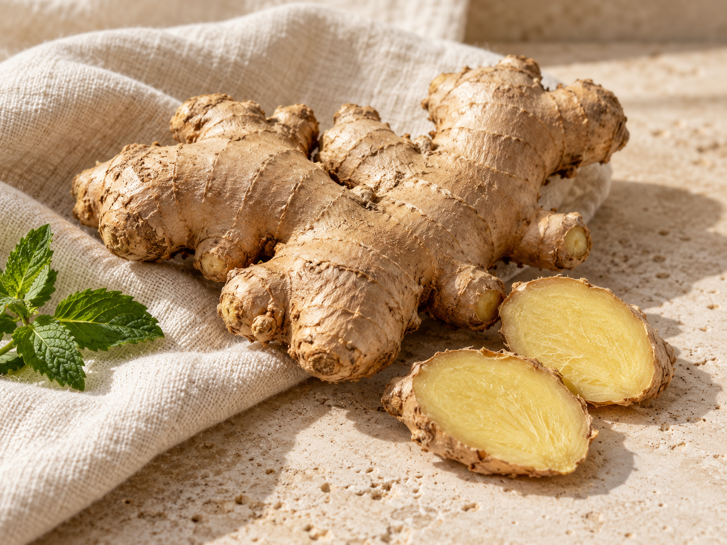 Fresh ginger root and slices on ivory linen, with a sprig of peppermint
