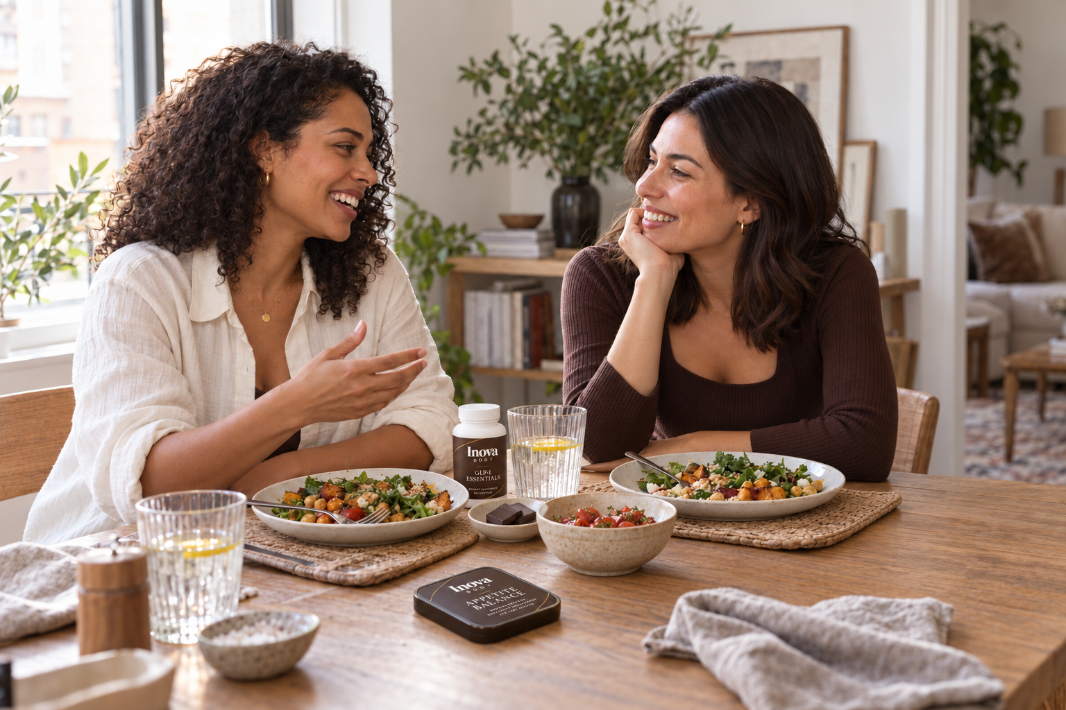 Two friends chatting over lunch, with Inova Body GLP-1 Essentials and Appetite Balance on the table