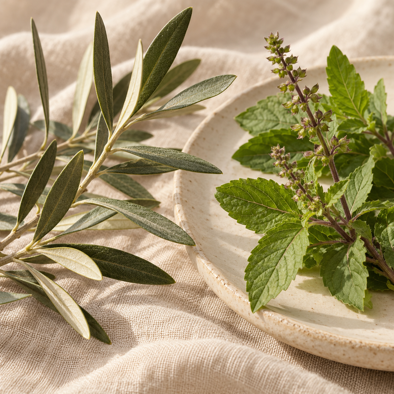 Olive and holy basil leaves on ivory linen, botanical ingredients featured in the formula