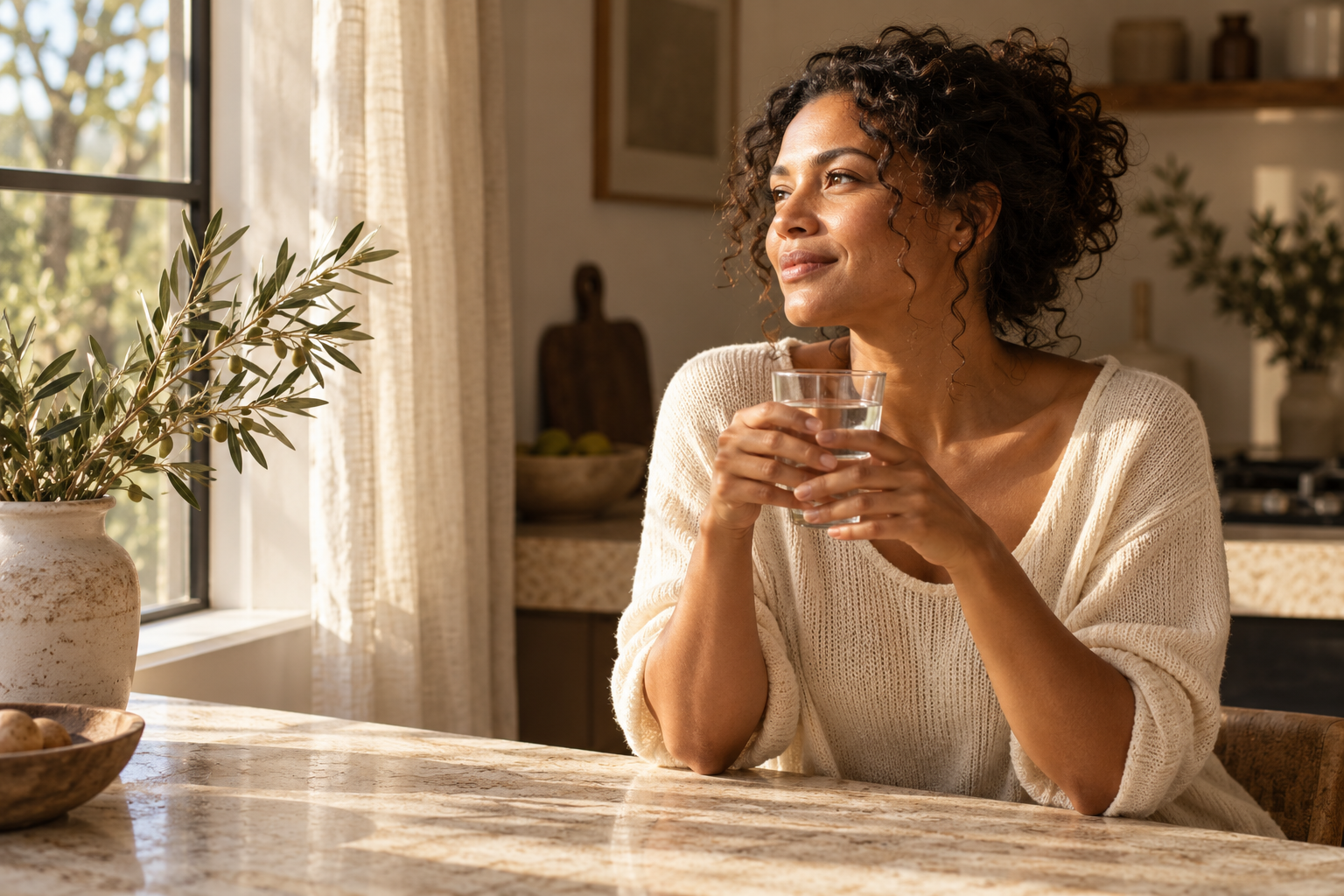 A quiet morning moment, with a glass of water by a sunlit window